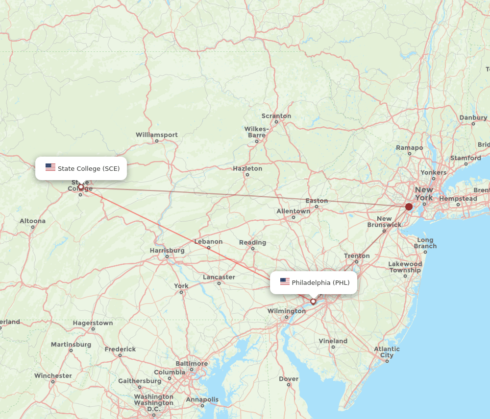SCE to PHL flights and routes map