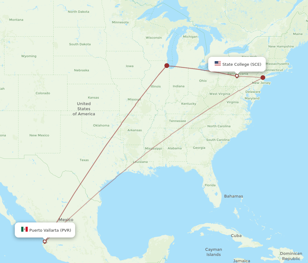 SCE to PVR flights and routes map