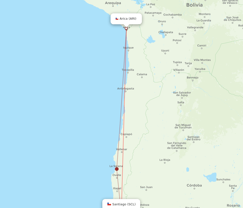 Santiago - Arica route map and flight paths