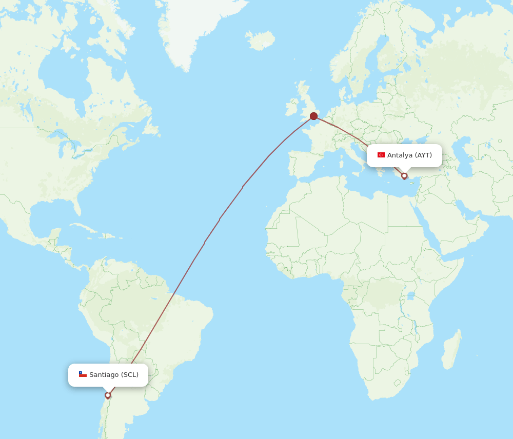 Antalya - Santiago route map and flight paths