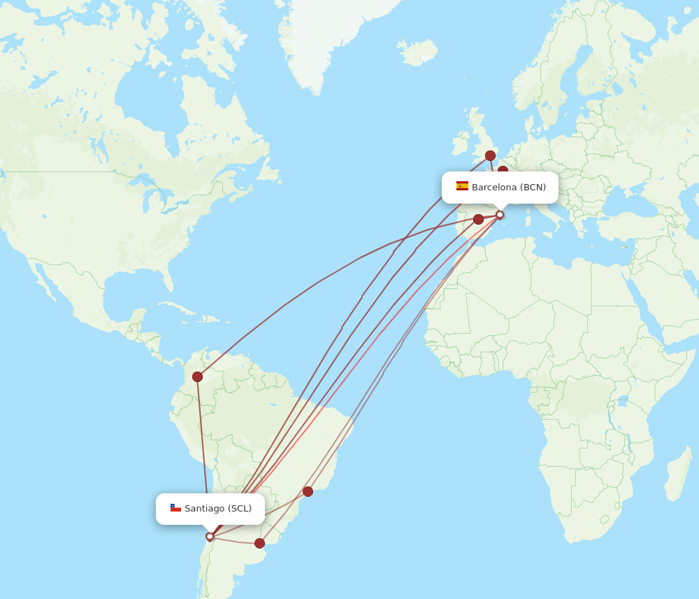 SCL to BCN flights and routes map