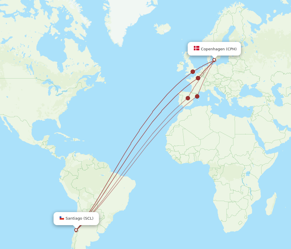 SCL to CPH flights and routes map