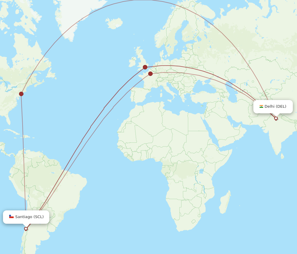 SCL to DEL flights and routes map