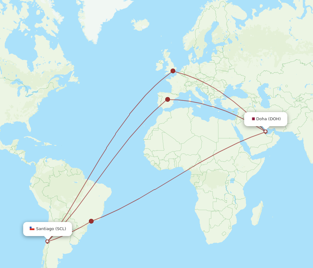 SCL to DOH flights and routes map