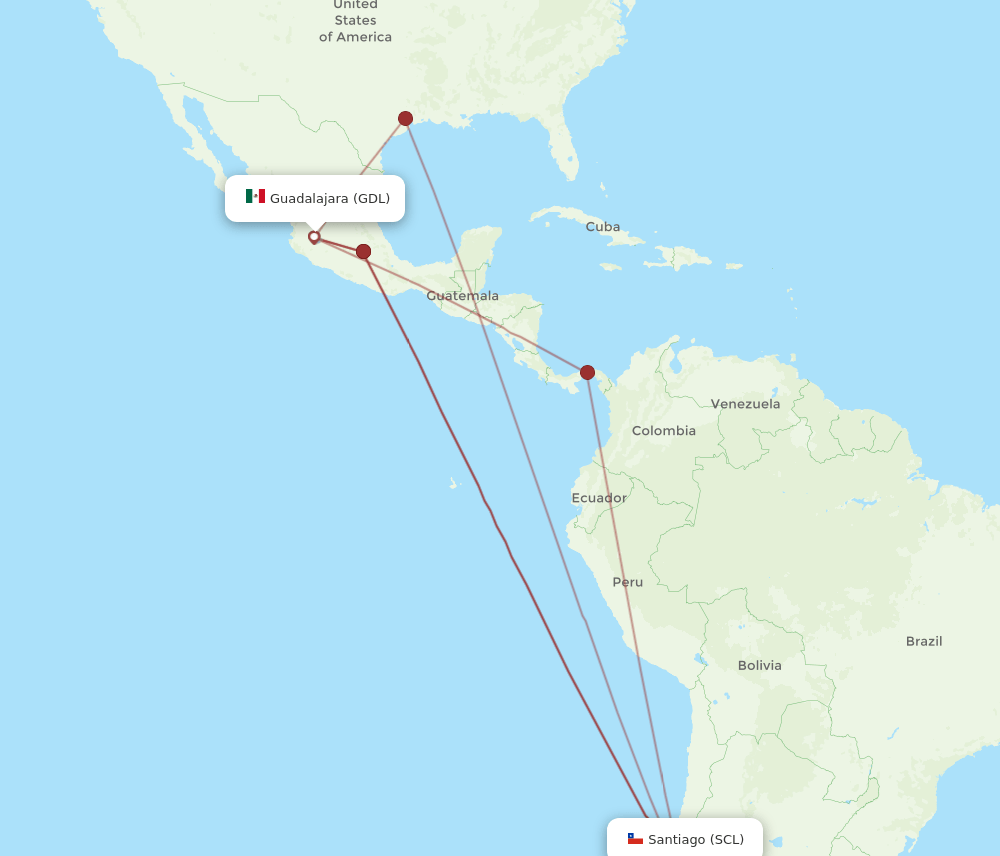 SCL to GDL flights and routes map