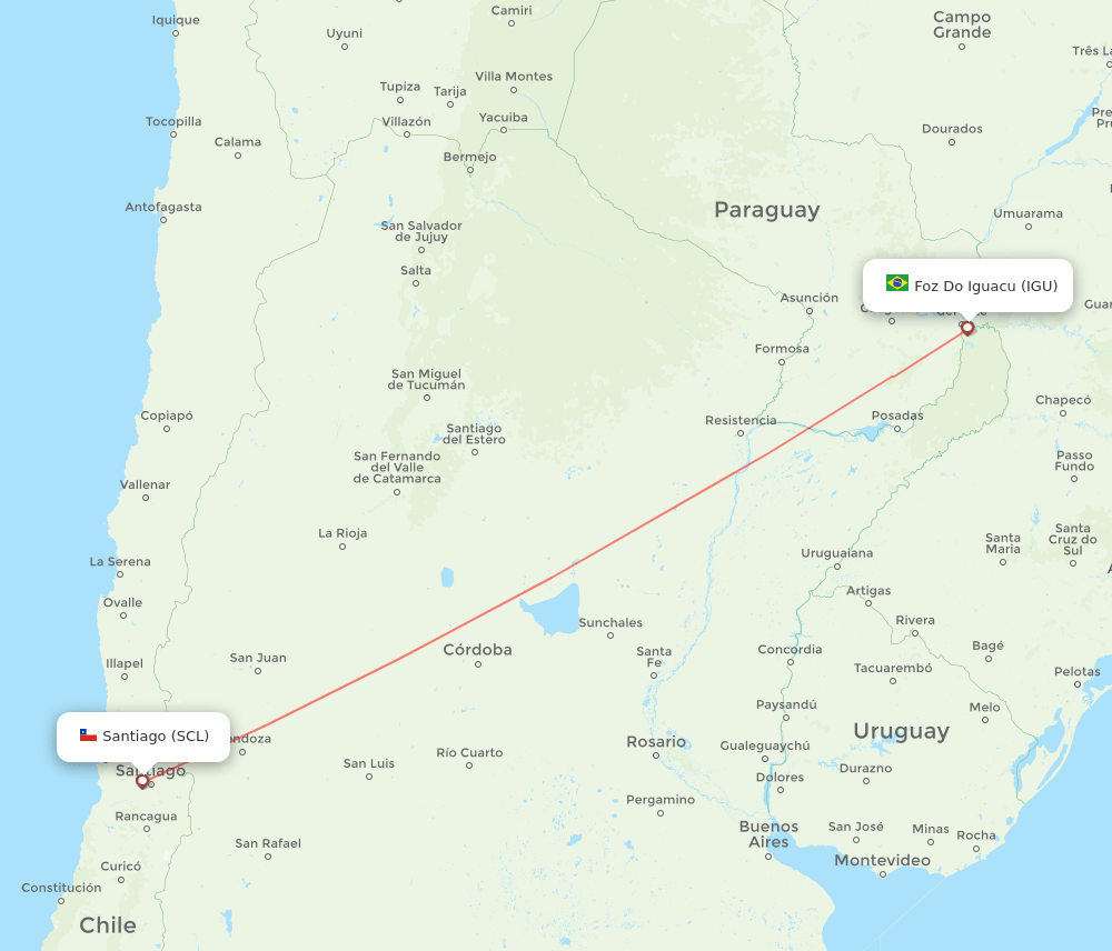 Santiago - Iguassu Falls route map and flight paths