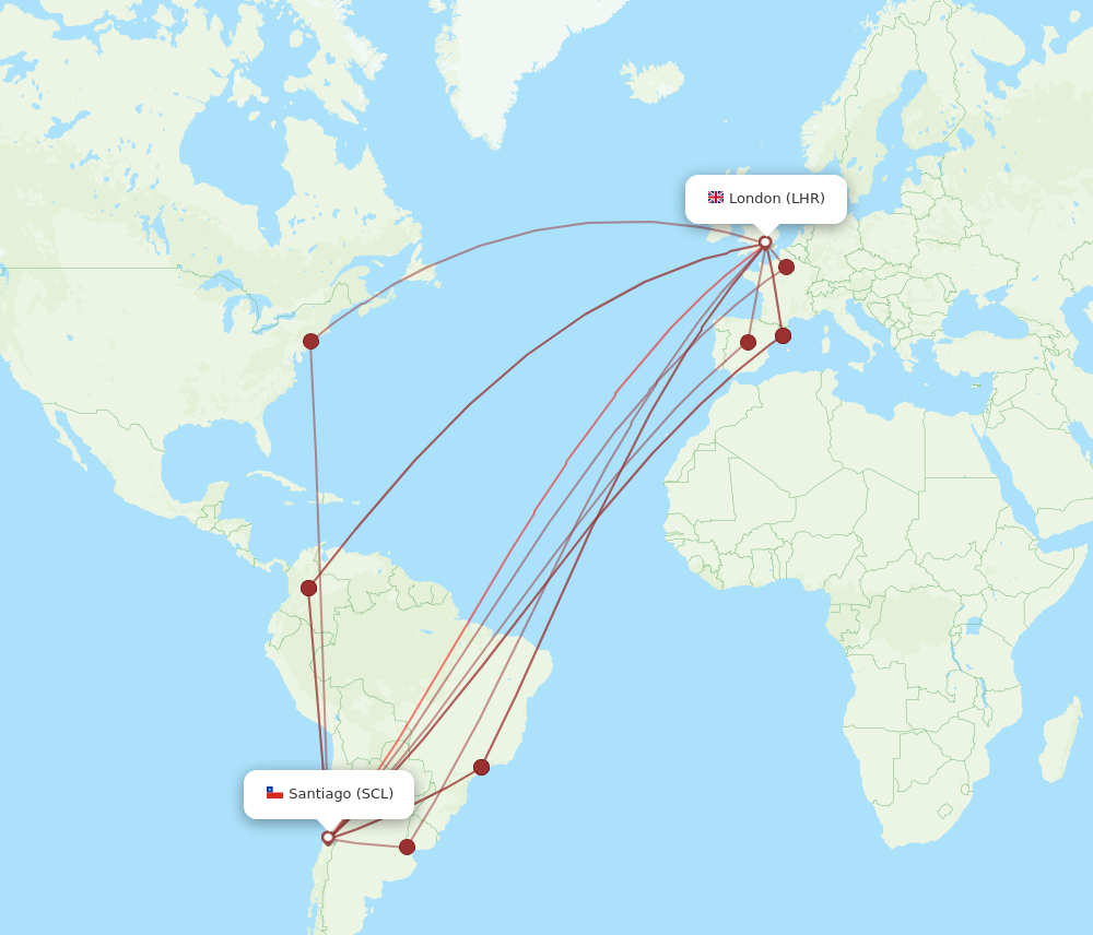 SCL to LHR flights and routes map