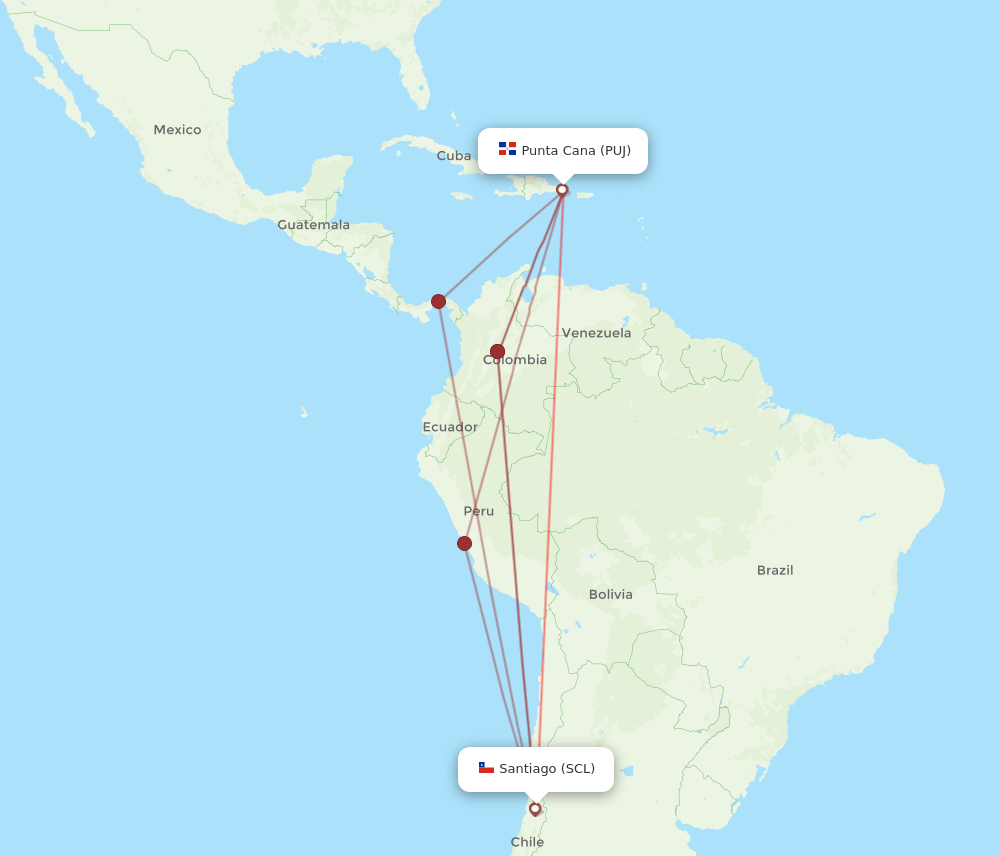 SCL to PUJ flights and routes map