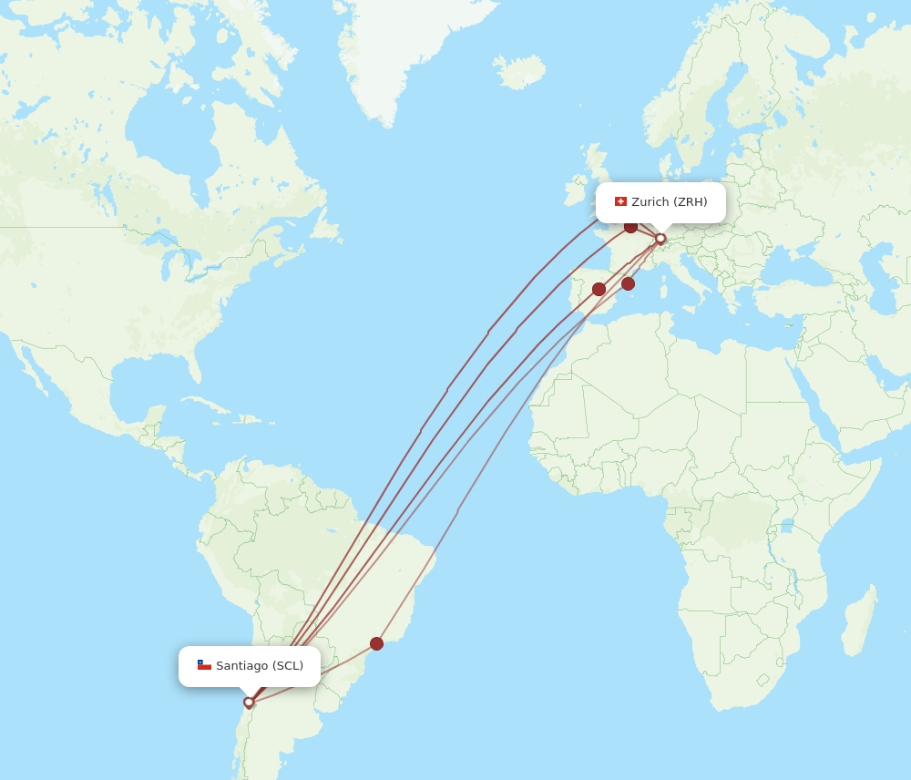 Zurich - Santiago route map and flight paths