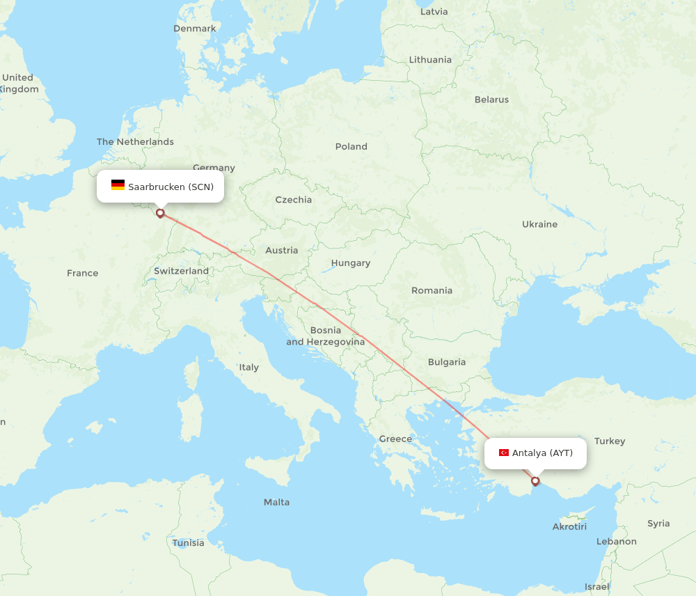 Saarbruecken - Antalya route map and flight paths