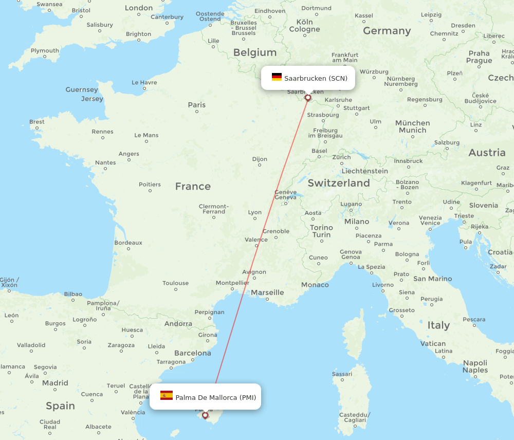 Saarbruecken - Palma de Mallorca route map and flight paths
