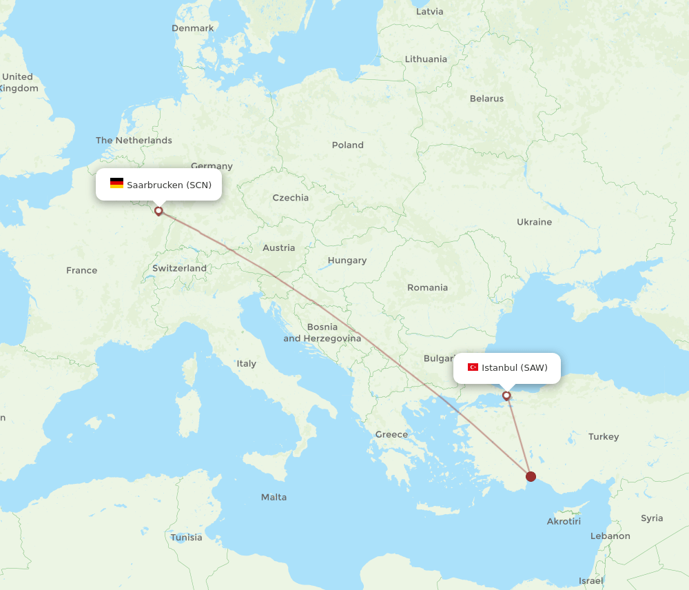 Saarbruecken - Istanbul route map and flight paths