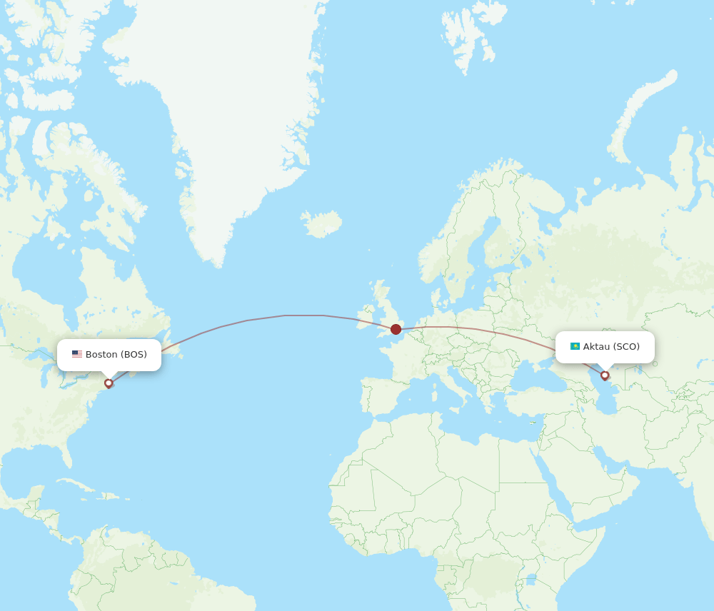 Aktau - Boston route map and flight paths