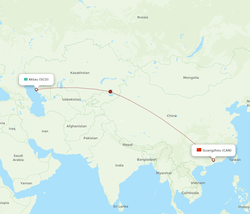 Guangzhou - Aktau route map and flight paths