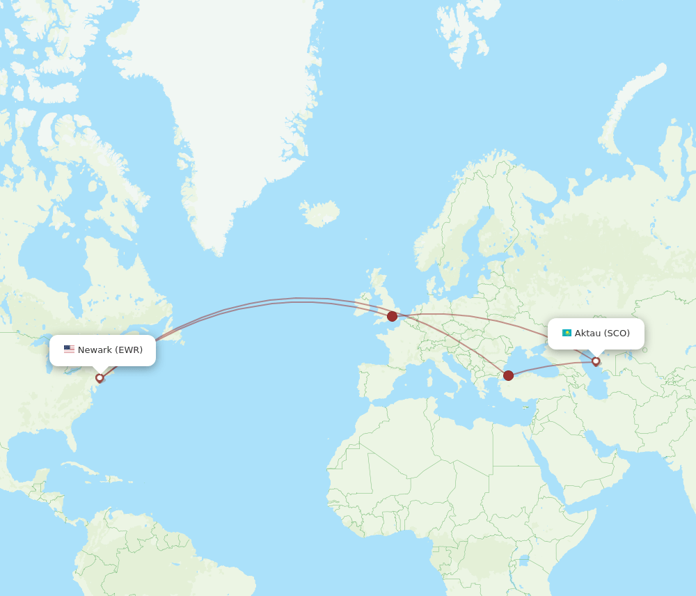 New York - Aktau route map and flight paths