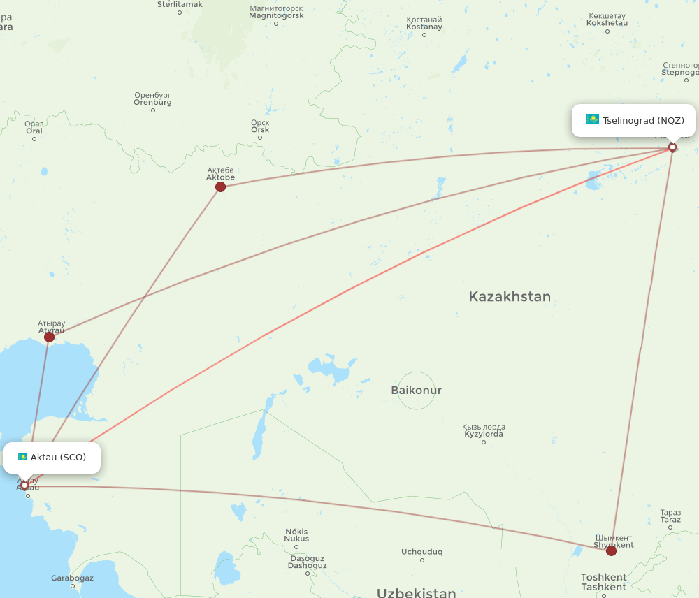 SCO to NQZ flights and routes map