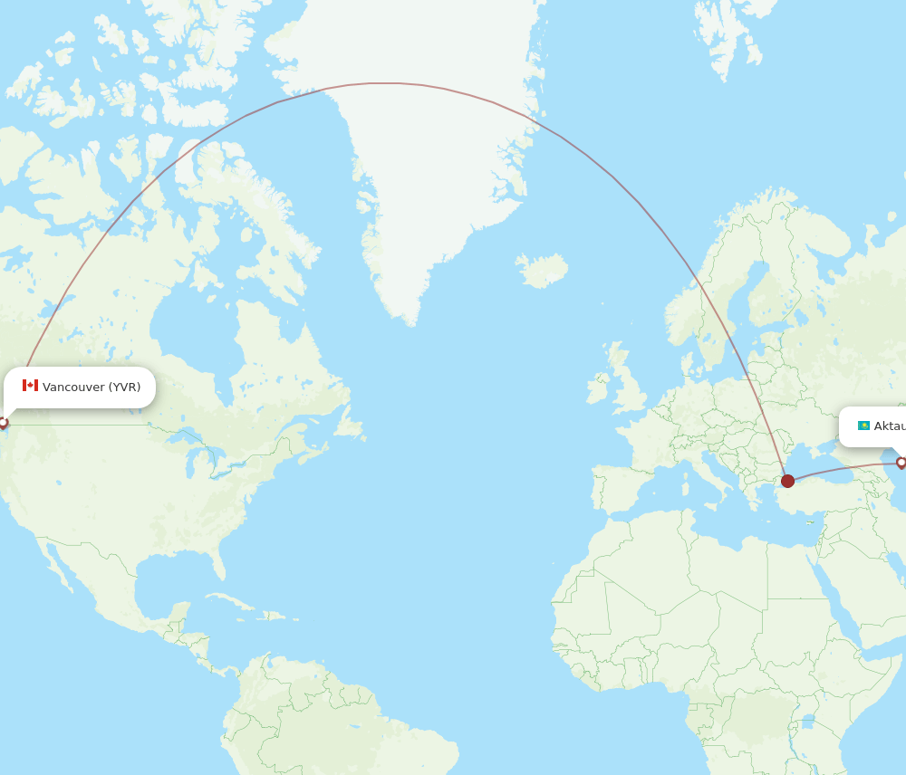 Vancouver - Aktau route map and flight paths