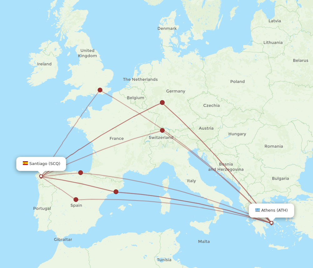 SCQ to ATH flights and routes map