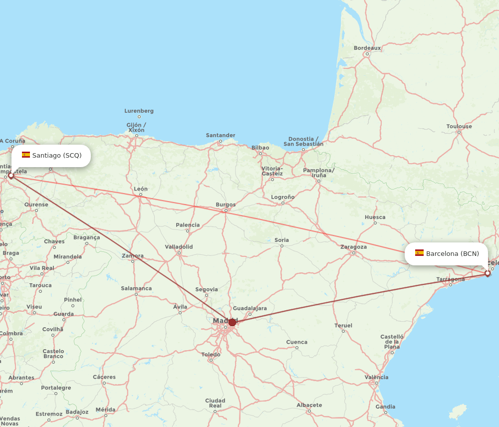 SCQ to BCN flights and routes map
