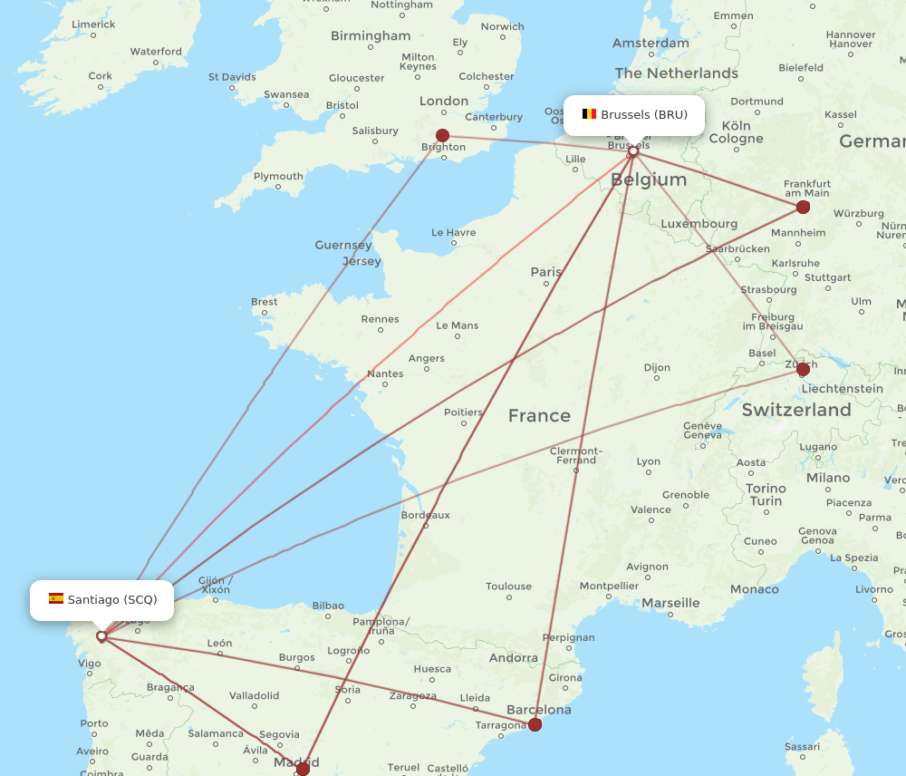 SCQ-BRU flight routes