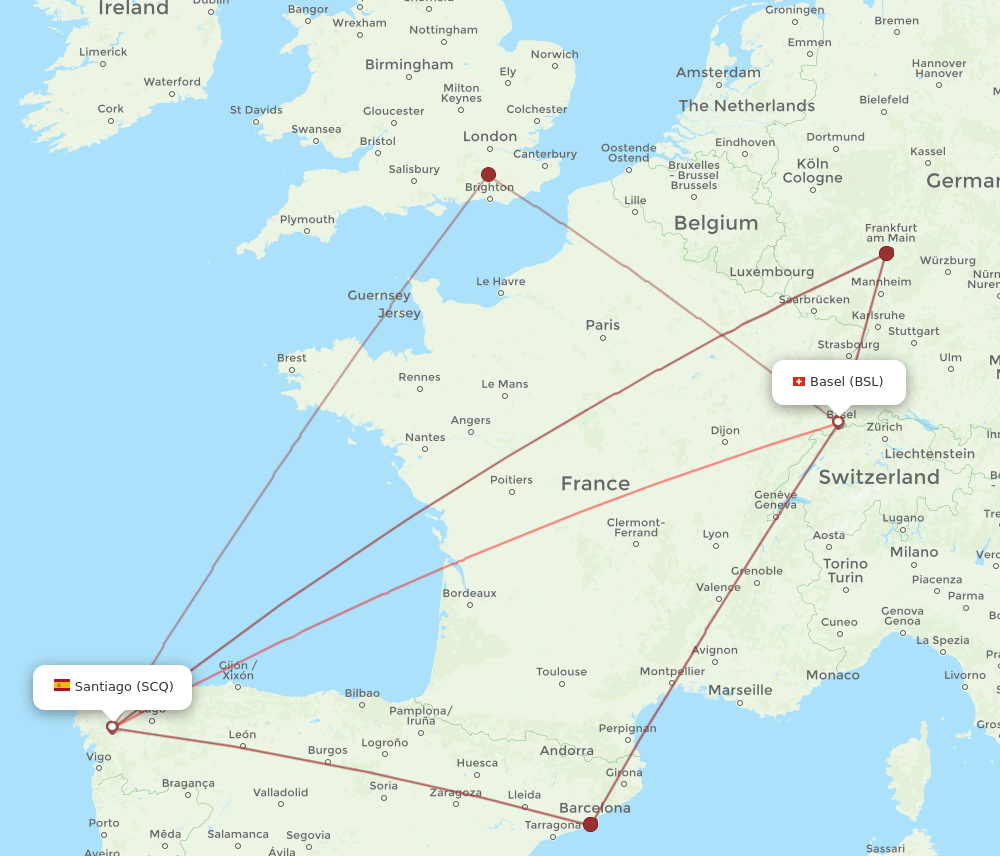 SCQ to BSL flights and routes map