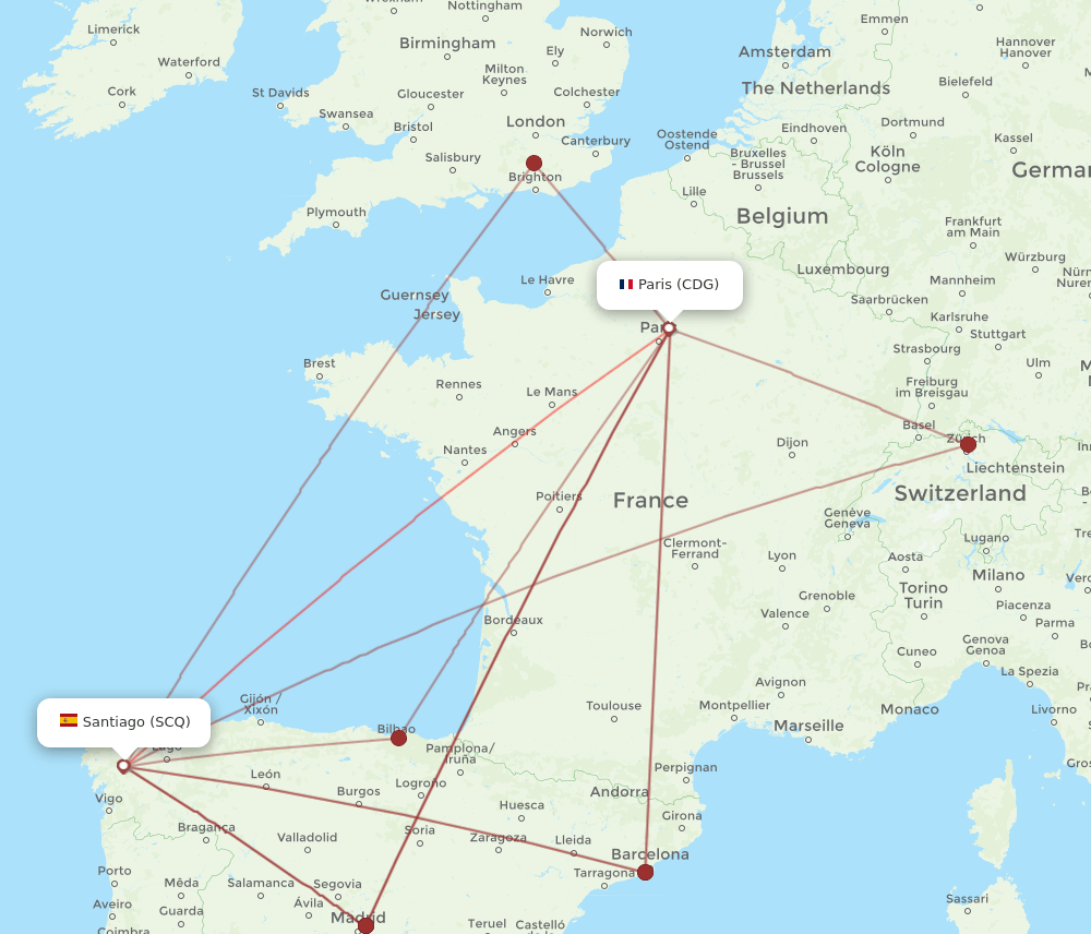 SCQ-CDG flight routes