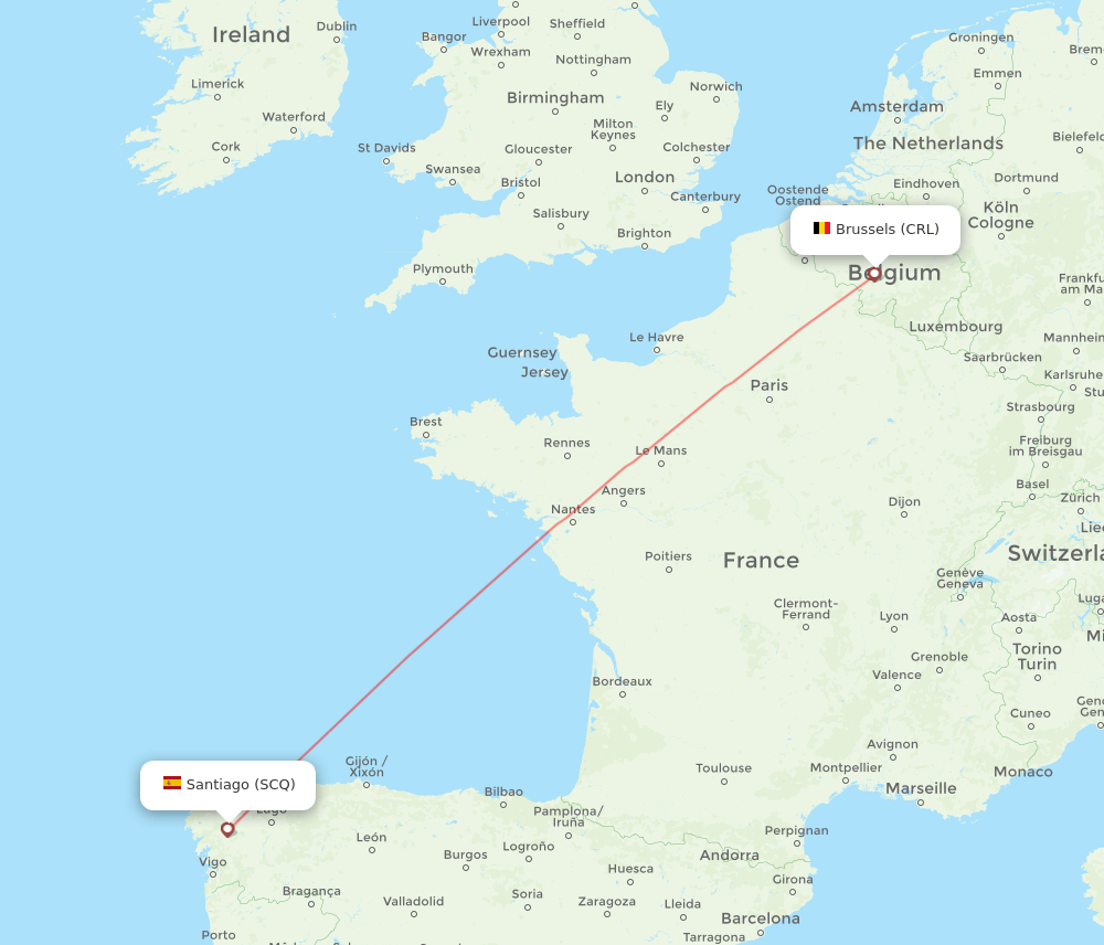 Santiago De Compostela - Brussels route map and flight paths