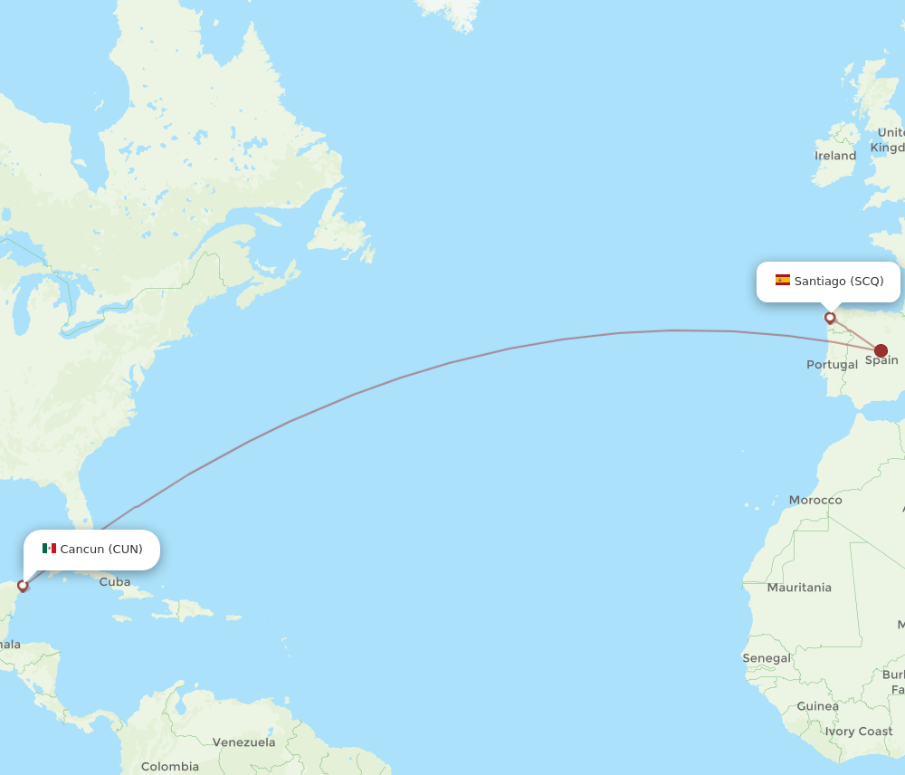 SCQ to CUN flights and routes map