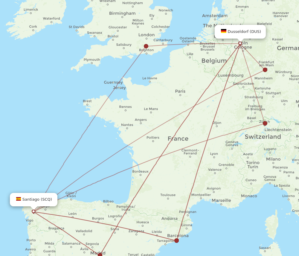 SCQ to DUS flights and routes map