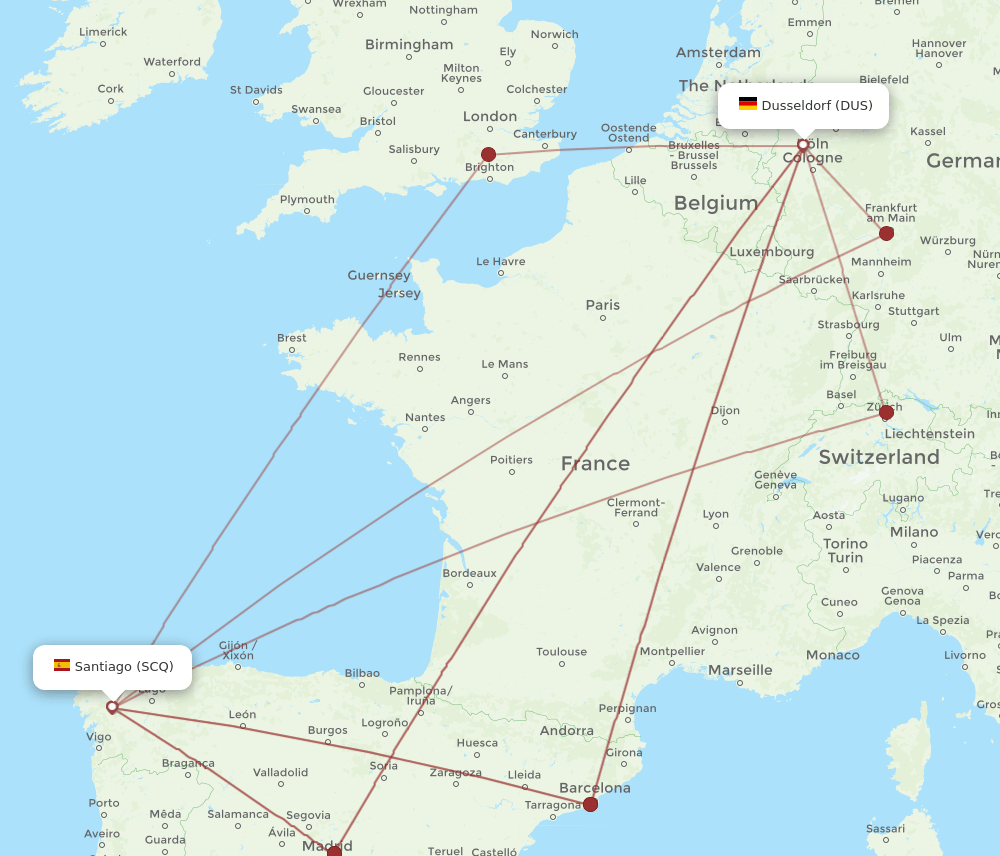 SCQ-DUS flight routes