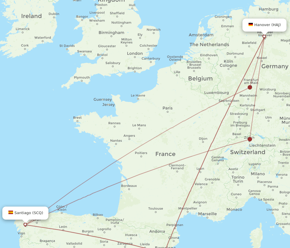 SCQ to HAJ flights and routes map