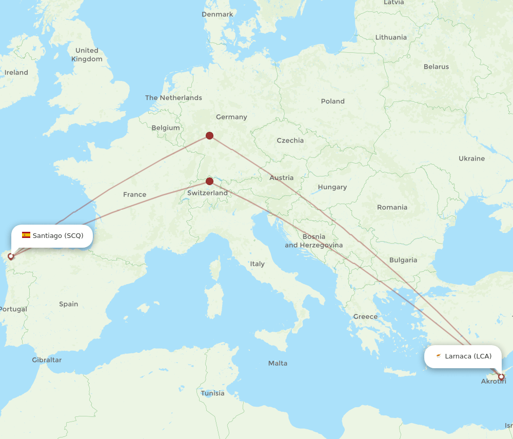 SCQ-LCA flight routes