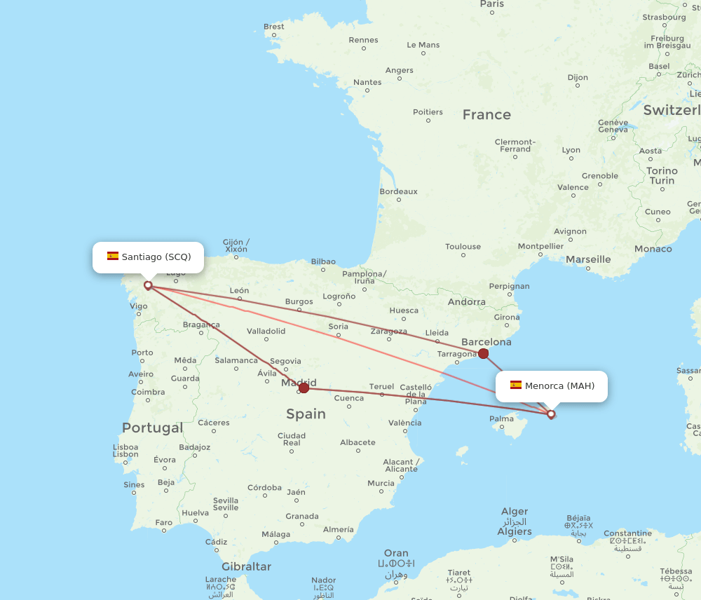 SCQ-MAH flight routes