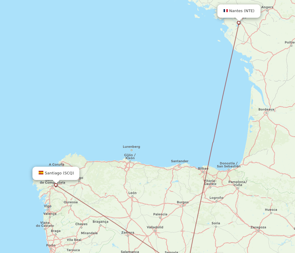 Nantes - Santiago De Compostela route map and flight paths