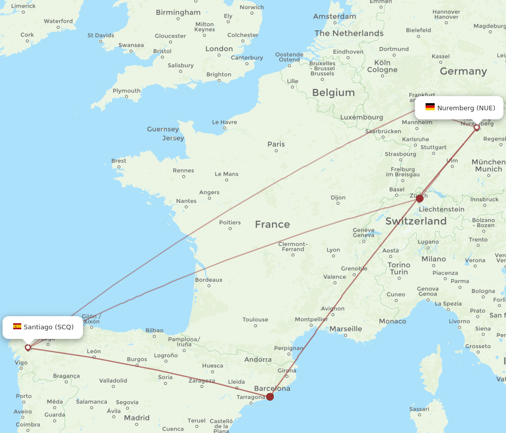 SCQ to NUE flights and routes map