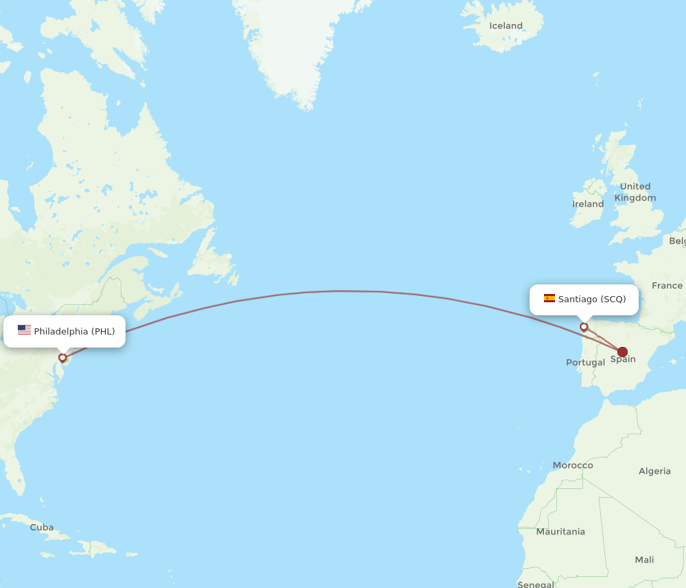 SCQ to PHL flights and routes map