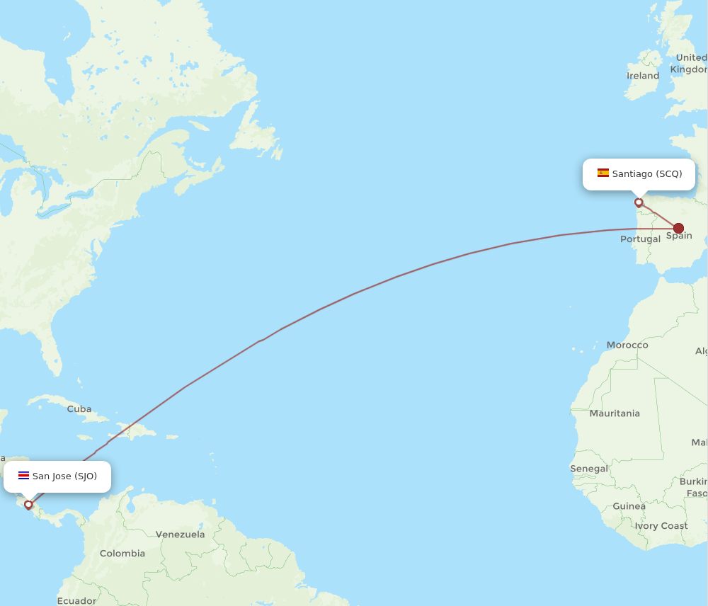 SCQ to SJO flights and routes map