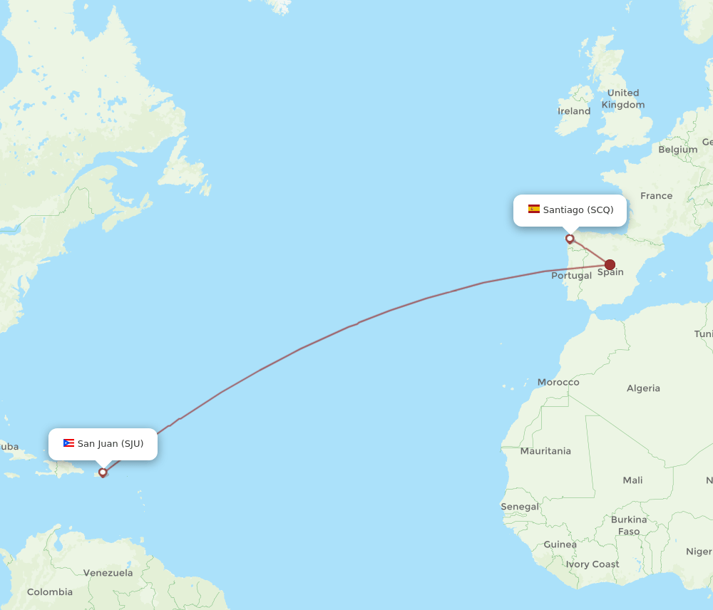 SCQ to SJU flights and routes map
