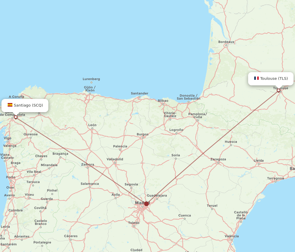 Santiago De Compostela - Toulouse route map and flight paths