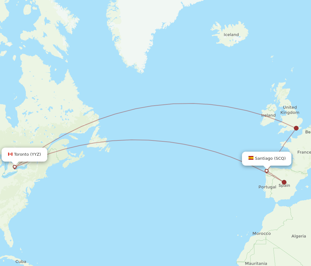 Toronto - Santiago De Compostela route map and flight paths