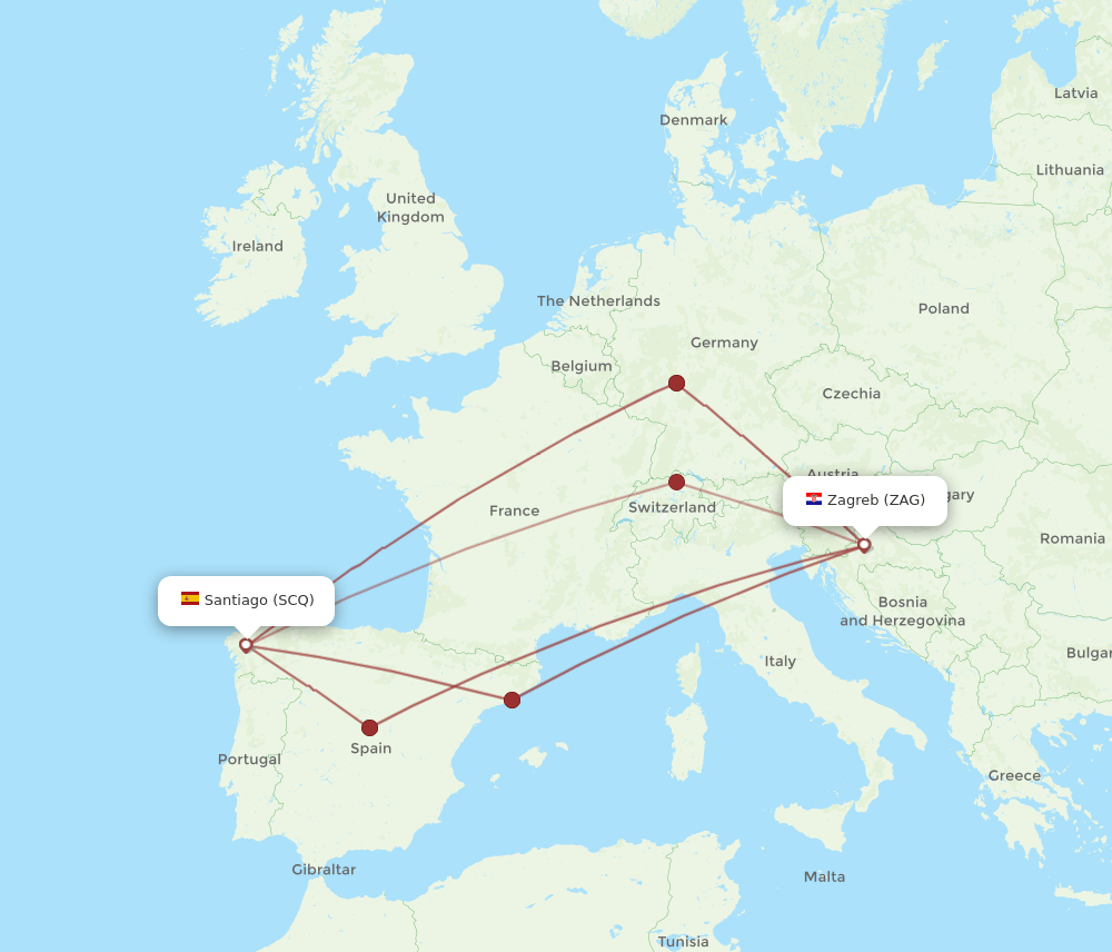 Zagreb - Santiago De Compostela route map and flight paths