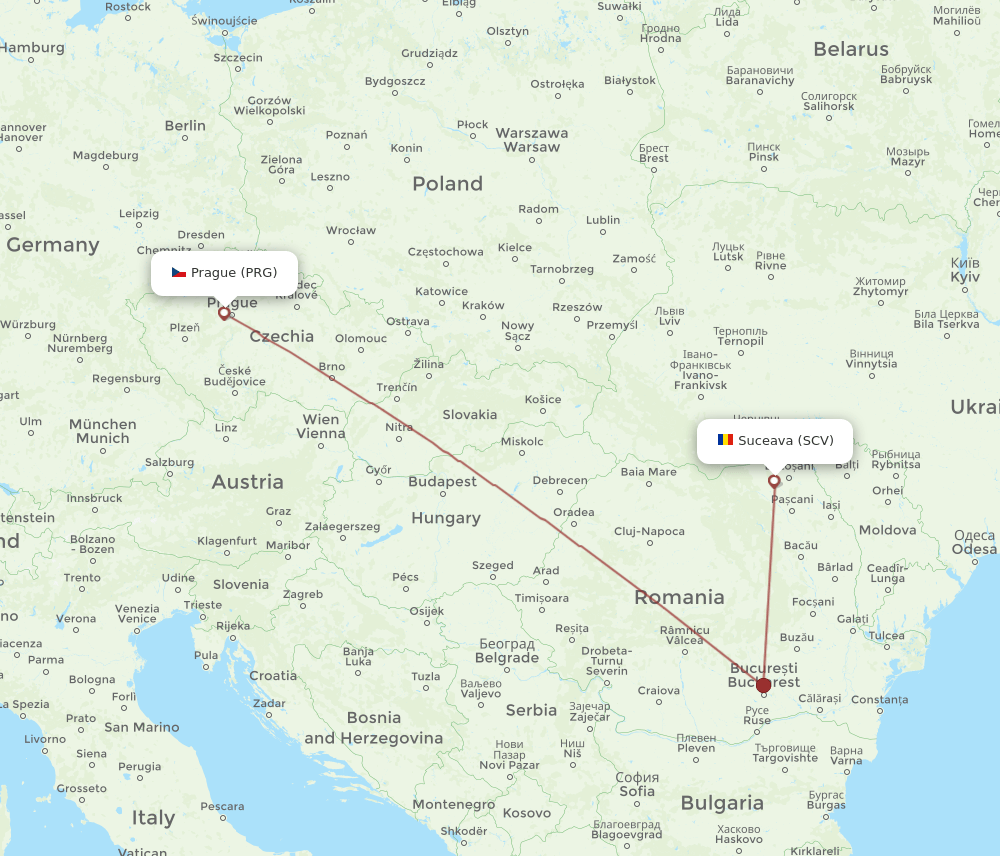 Prague - Suceava route map and flight paths