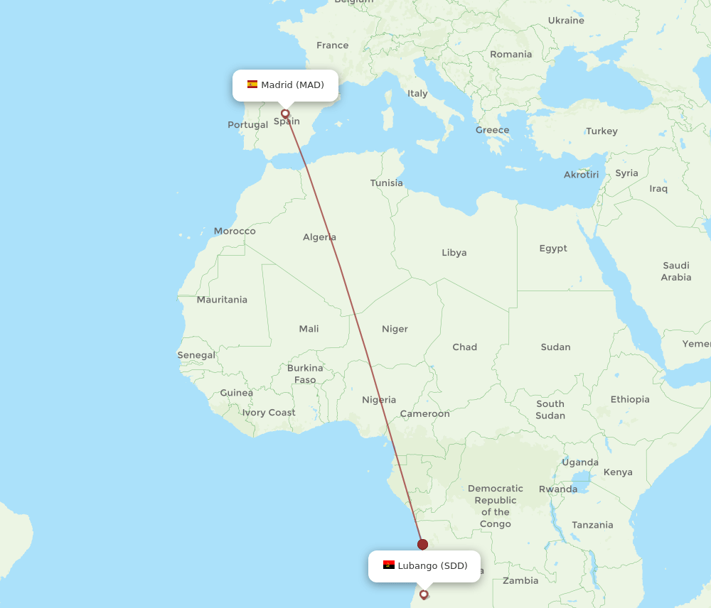 Madrid - Lubango route map and flight paths