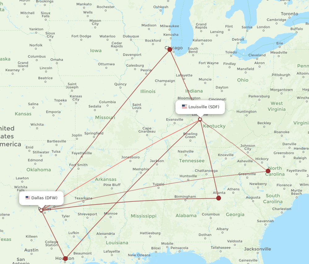 SDF to DFW flights and routes map