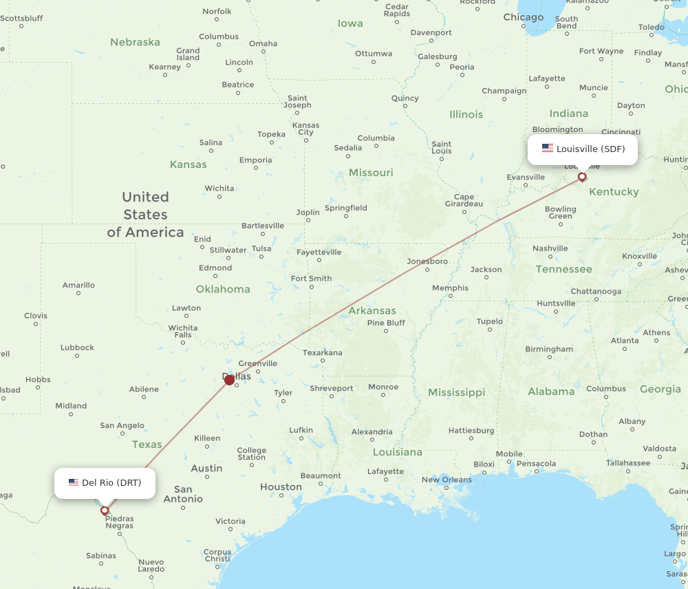 Louisville - Del Rio route map and flight paths