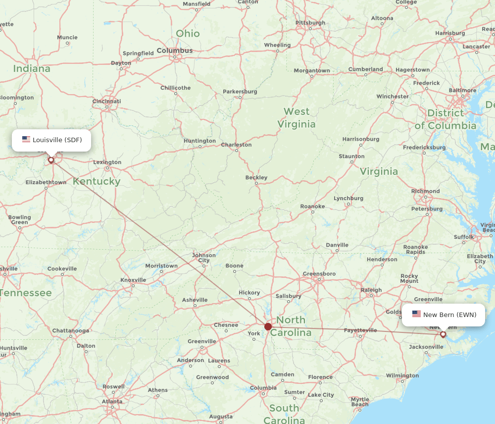 SDF to EWN flights and routes map