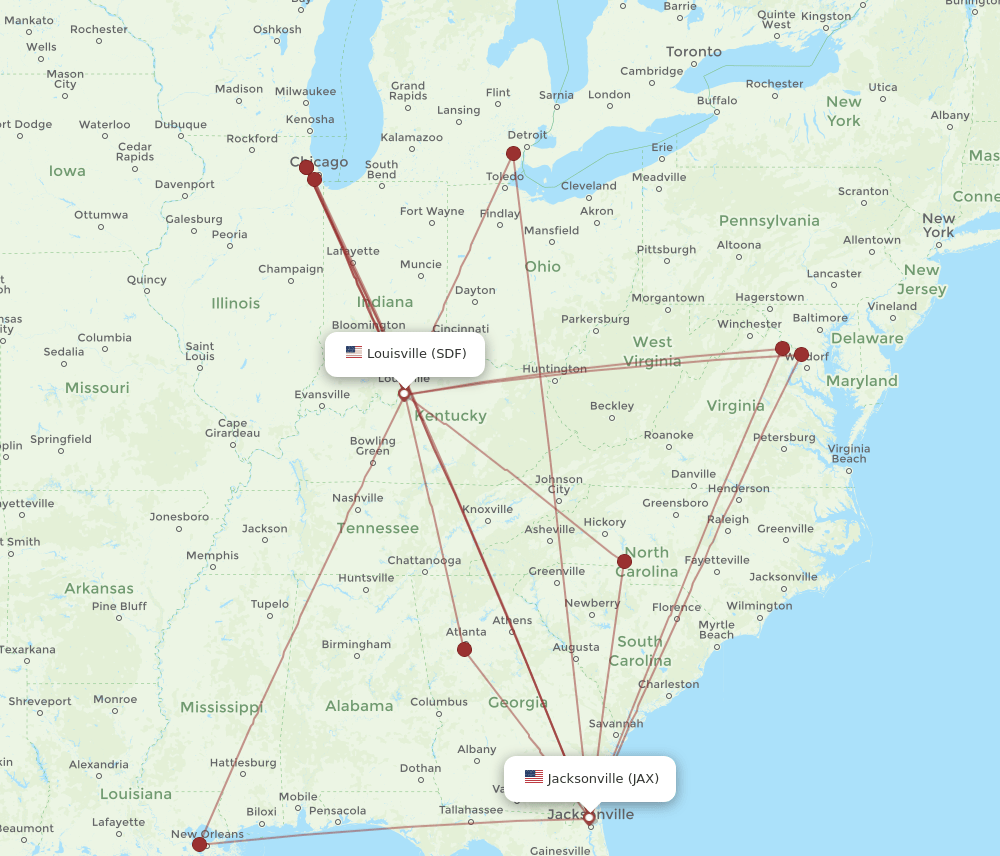 SDF to JAX flights and routes map