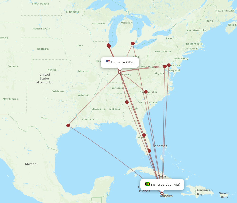 SDF to MBJ flights and routes map