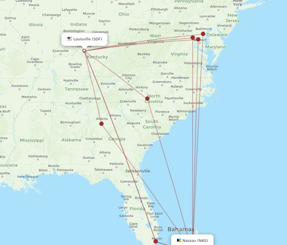 SDF to NAS flights and routes map