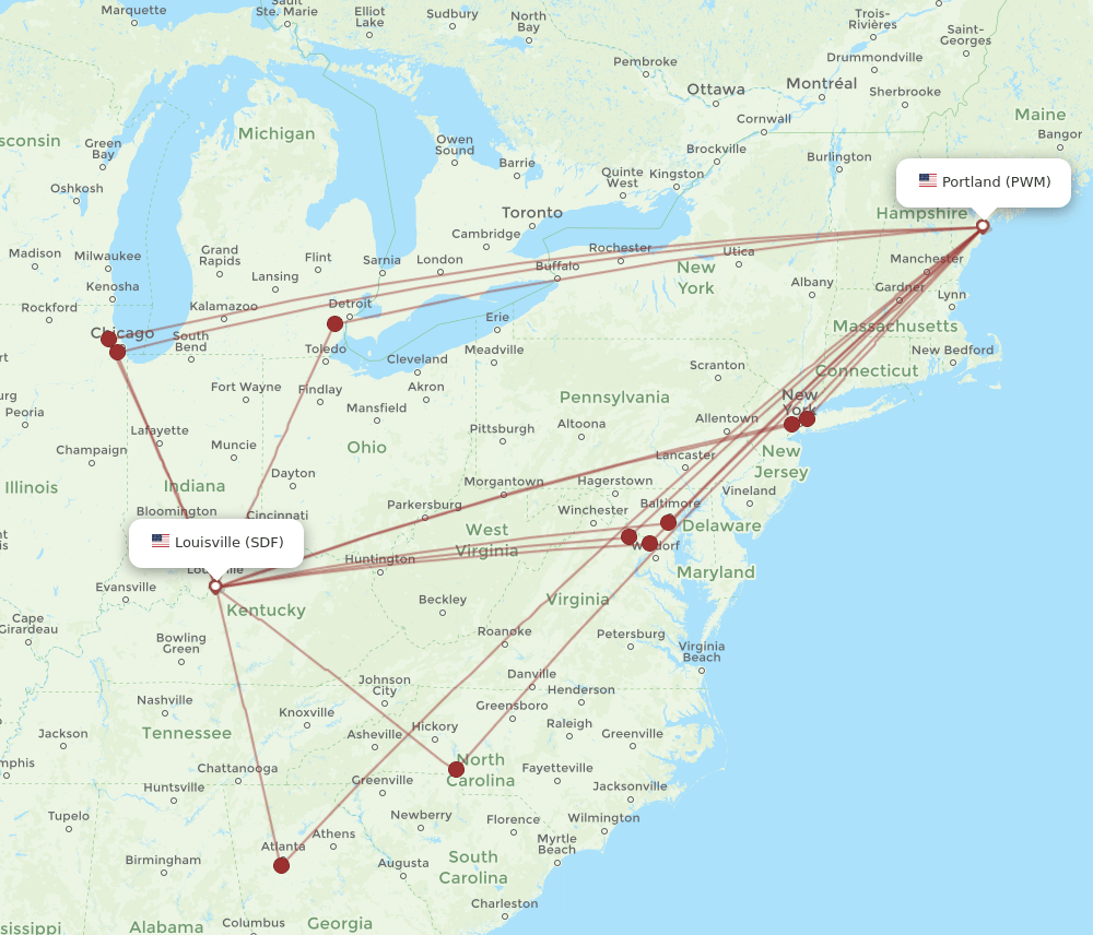 SDF to PWM flights and routes map